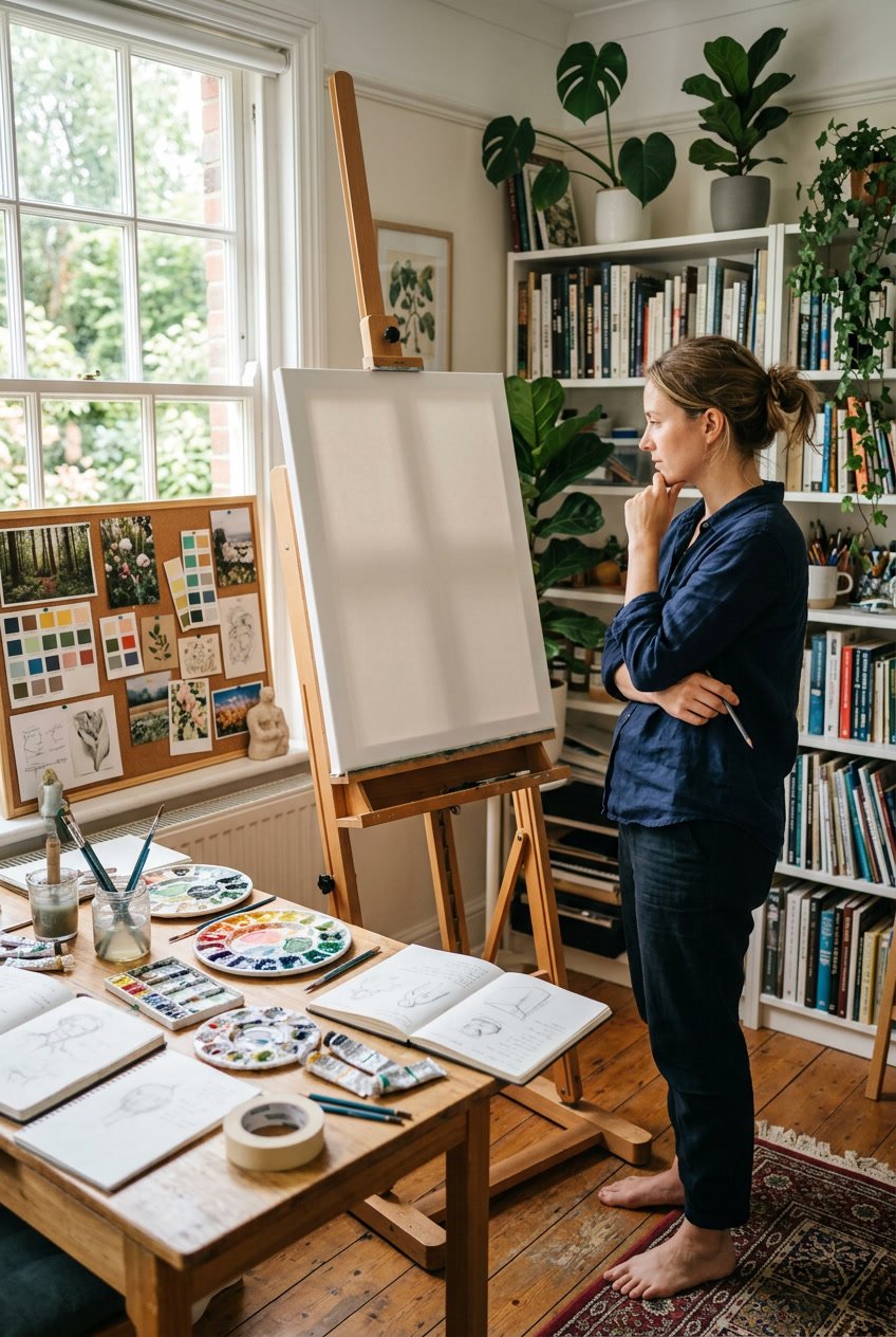 A person in an art studio looking thoughtfully at a blank canvas surrounded by art supplies and inspirational objects.