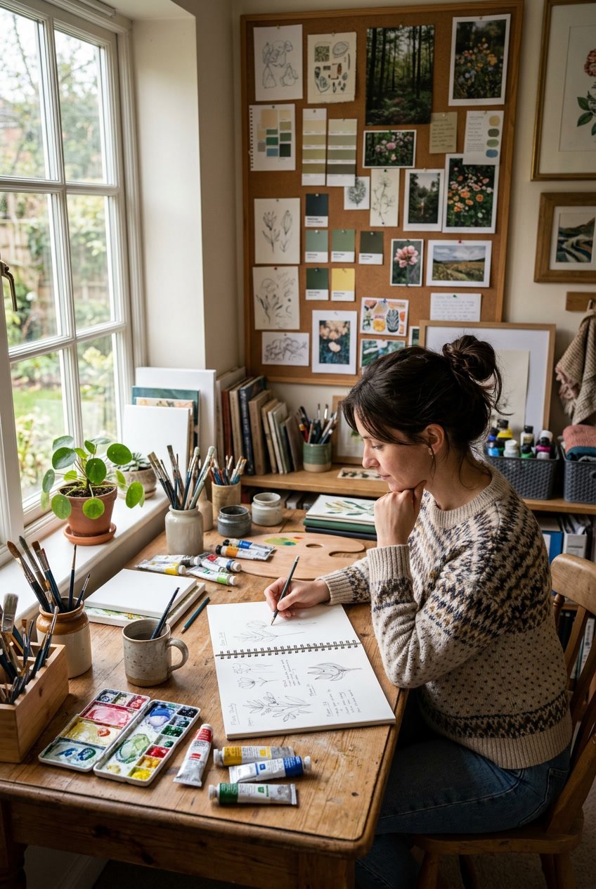 An artist's workspace with painting supplies, sketchbooks, and an artist sketching ideas near a window with natural light.