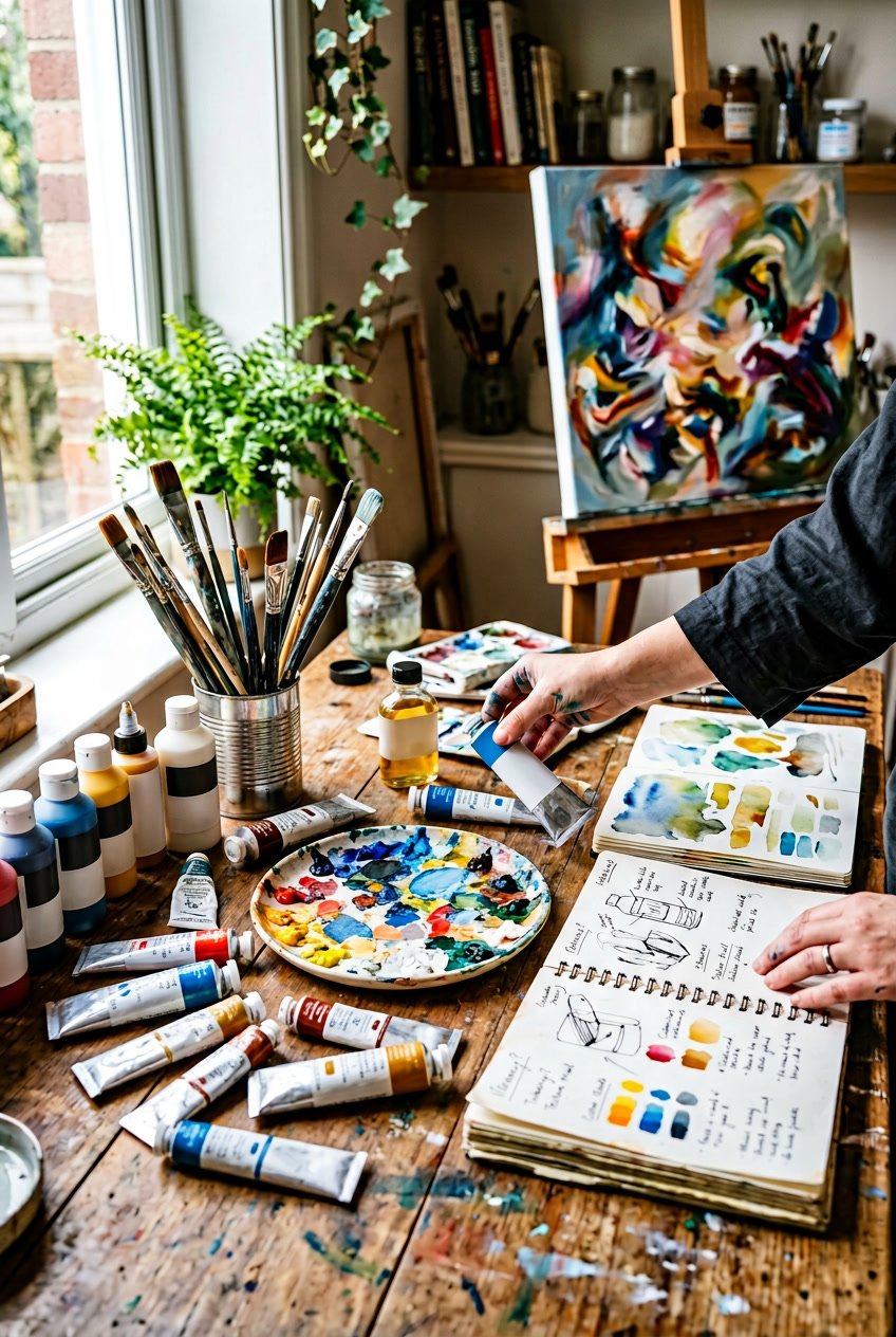 An artist's workspace with various painting supplies, sketchbooks, and a canvas on an easel.