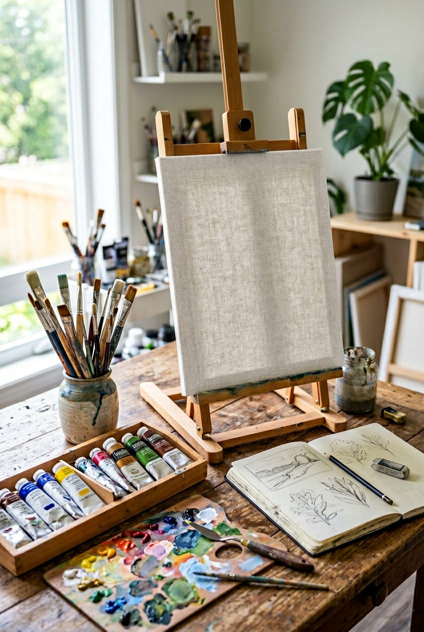 A workspace with painting supplies including paint tubes, brushes, a palette, a blank canvas on an easel, and an open sketchbook.