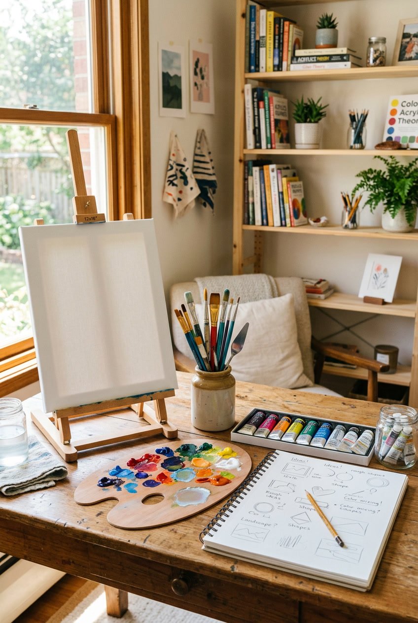 A well lit artist's workspace with painting supplies, a blank canvas on an easel, and an open sketchbook on a table.