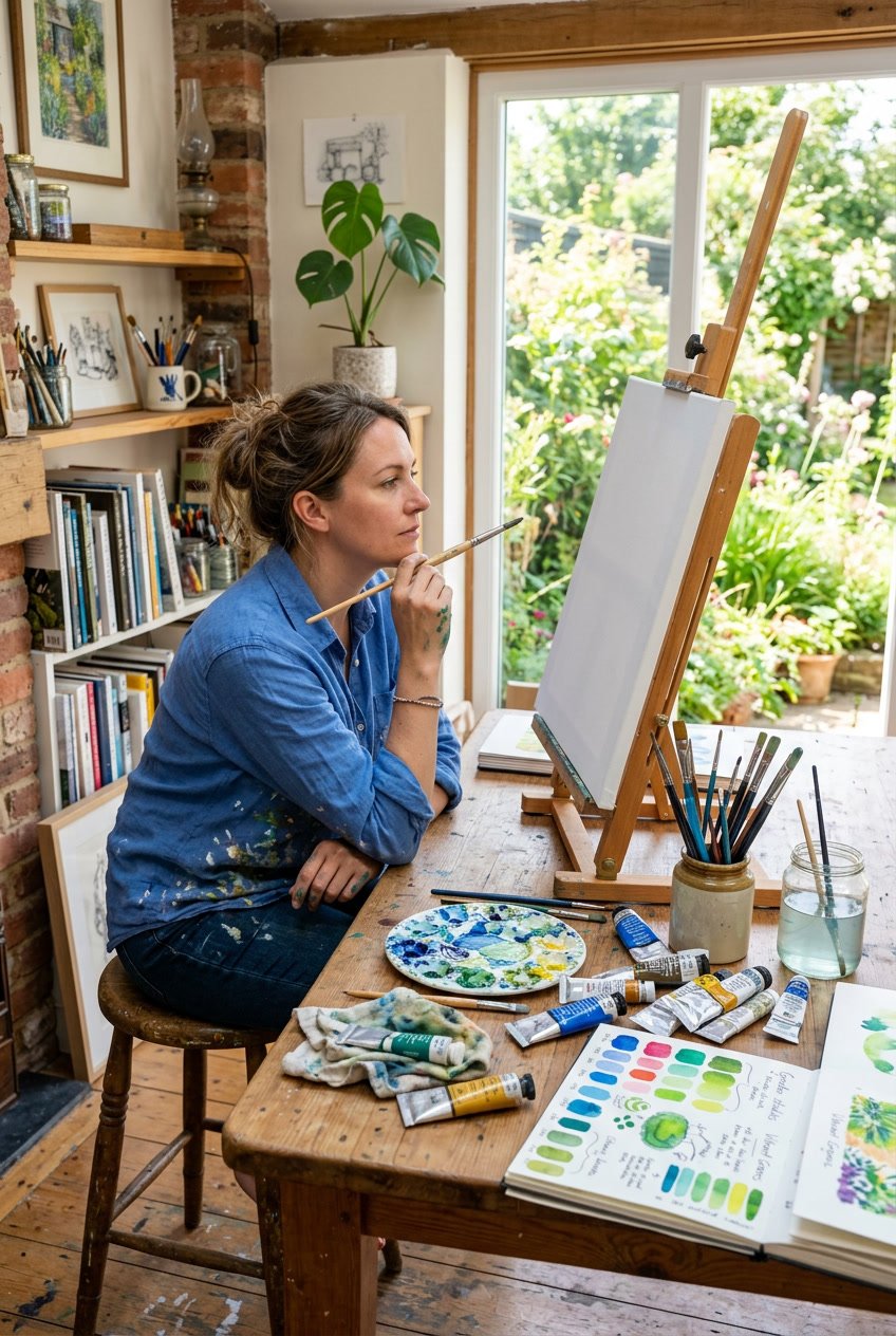 An artist's workspace with paint tubes, brushes, sketchbooks, and a person holding a paintbrush looking at a blank canvas.