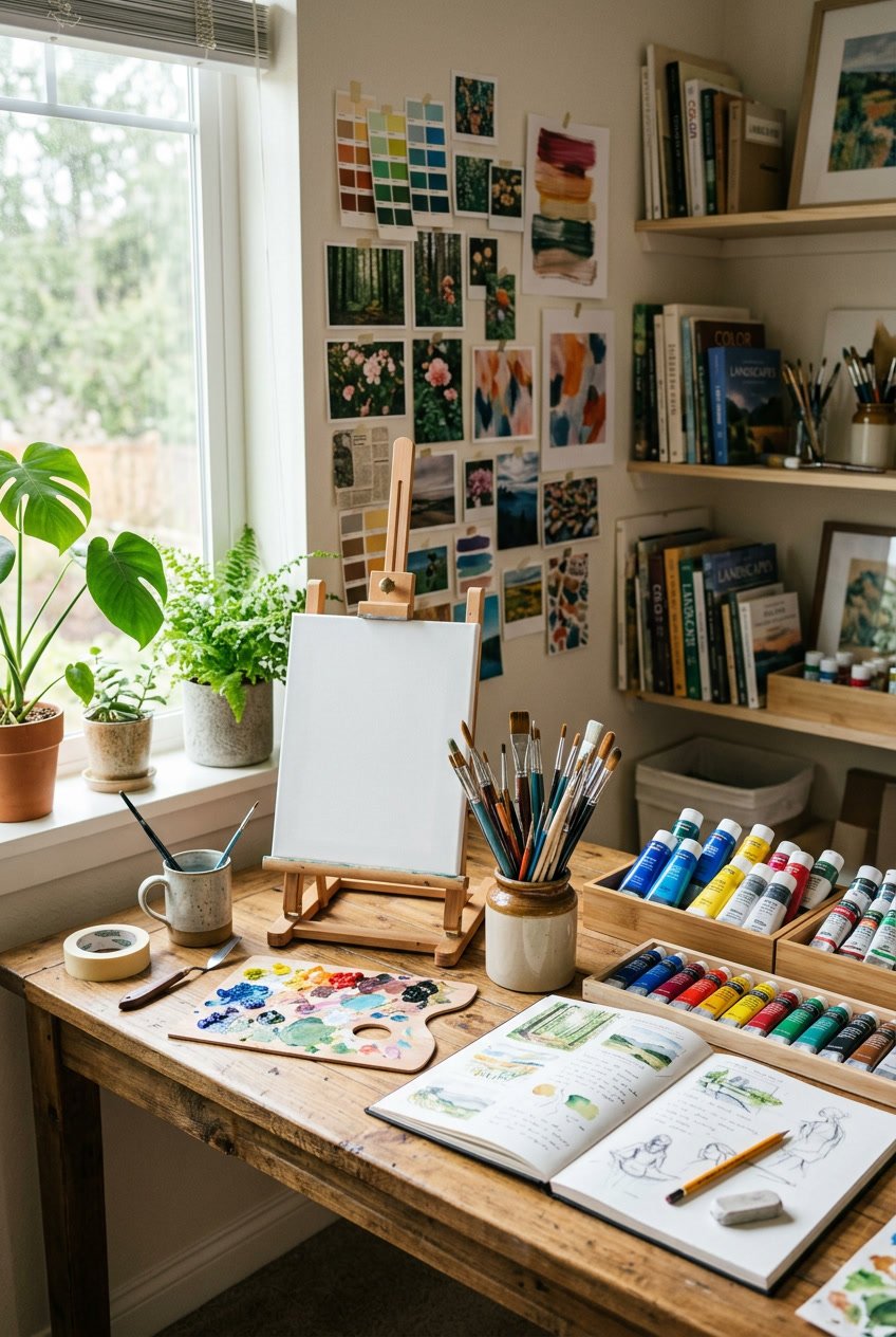 An artist's workspace with paintbrushes, paint tubes, a blank canvas on an easel, sketchbooks, and inspirational images arranged around the desk.