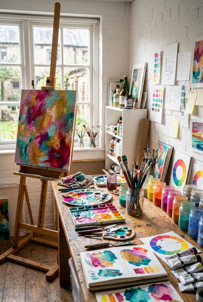 An artist's workspace with paint palettes, brushes, a partially painted canvas on an easel, and natural light coming through a window.