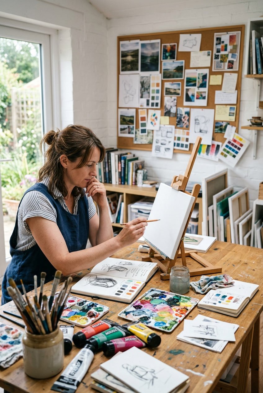 A creative workspace with art supplies, sketches, and a person holding a pencil over a blank canvas.