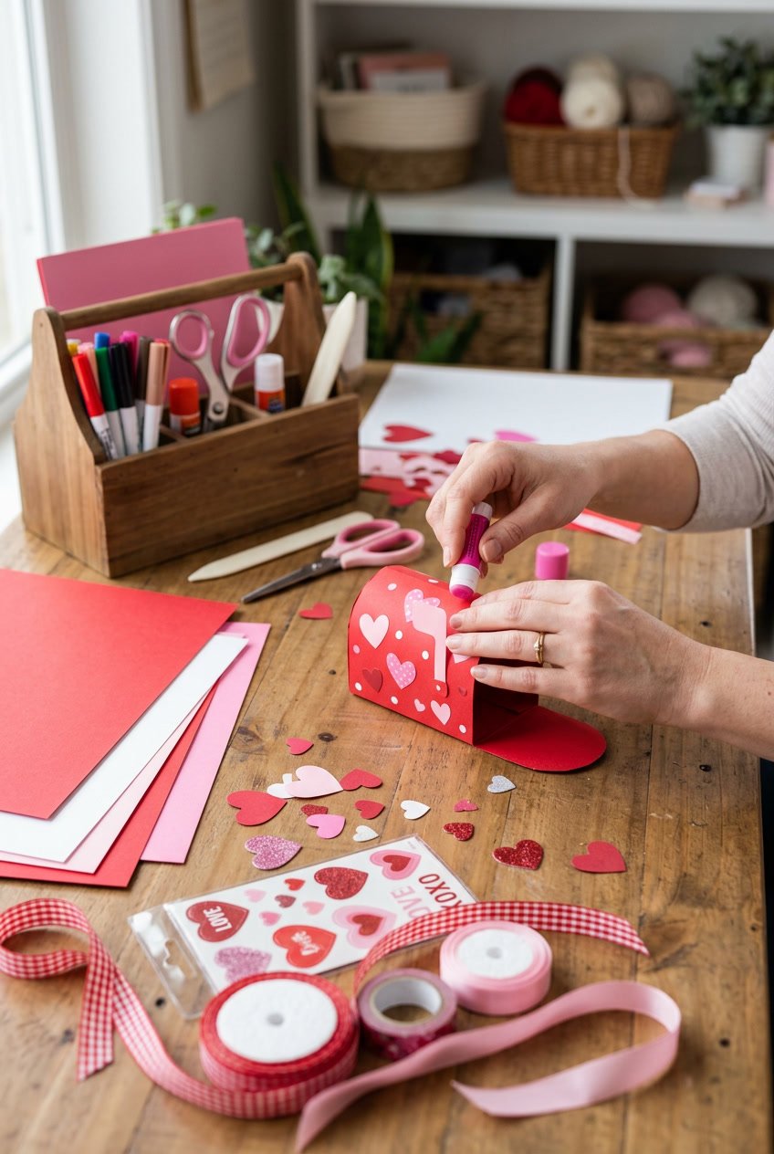 A workspace with materials and tools for making Valentine’s Day boxes, including paper, scissors, glue, ribbons, and hands crafting a box.