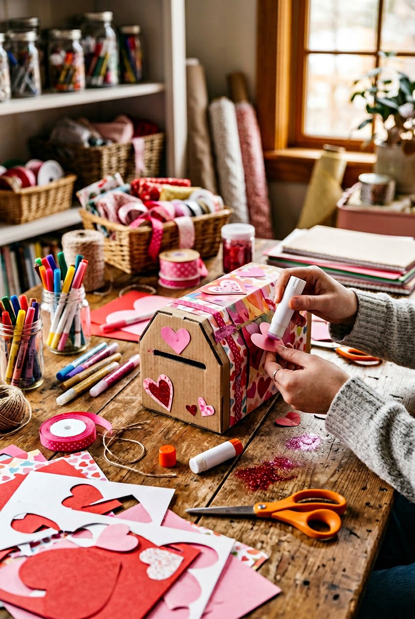 A person crafting a Valentine box on a table filled with paper, scissors, glue, and heart shaped decorations.