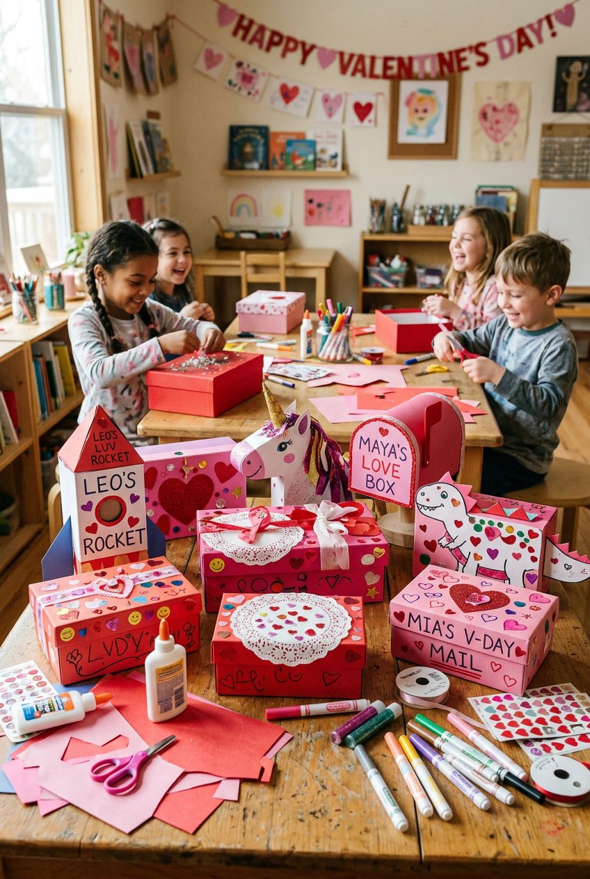 Children making and displaying colorful handmade Valentine boxes with craft supplies on a table.