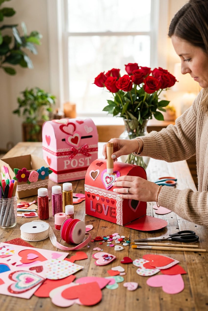 A table with craft supplies and partially decorated Valentine boxes being decorated by a person’s hands.