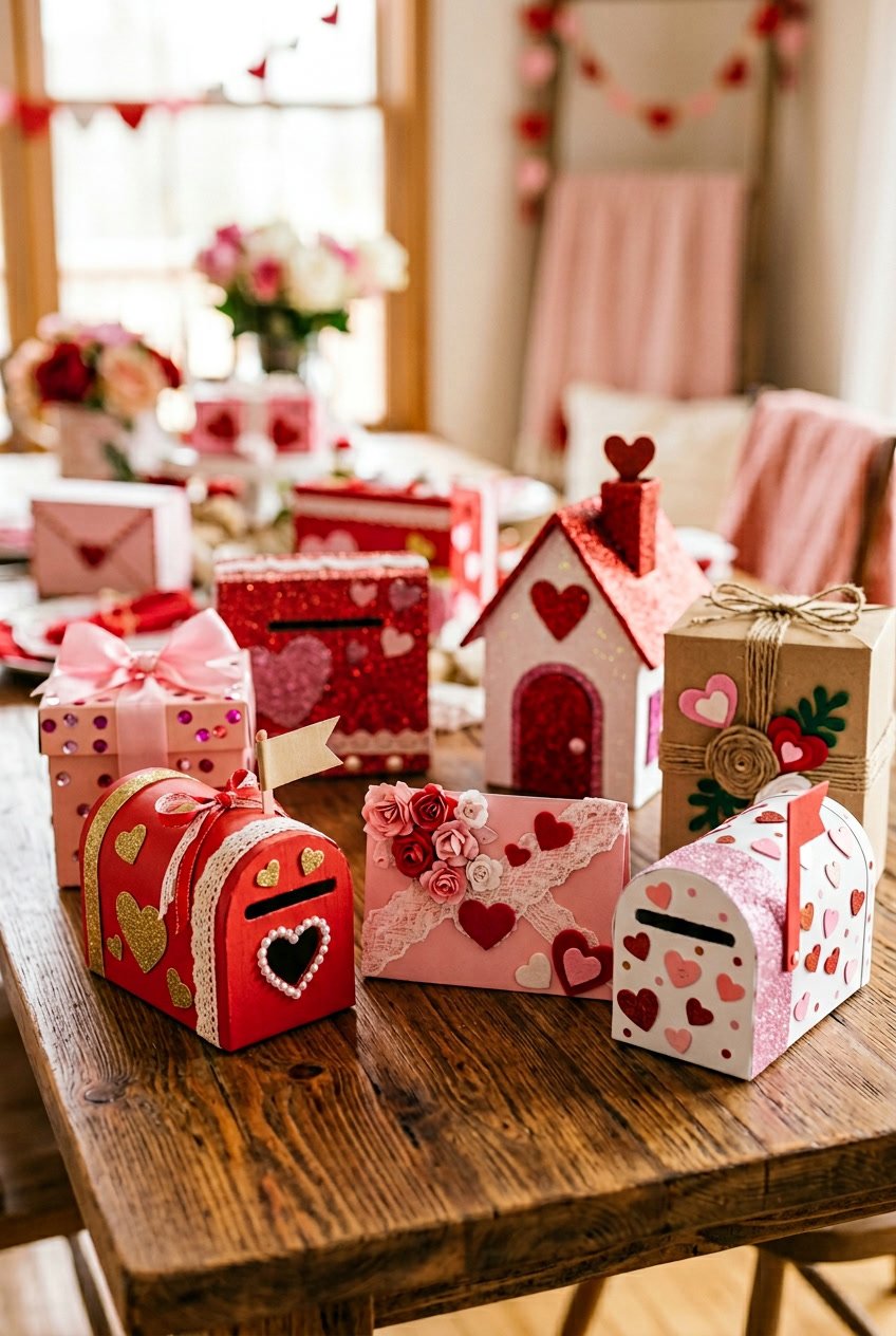 A variety of decorated Valentine card holders and mailboxes displayed on a wooden table.