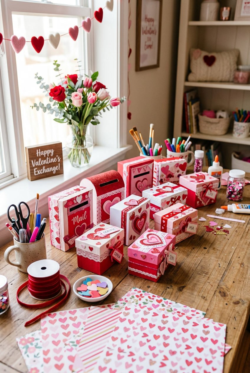 A table with handmade Valentine’s Day boxes and crafting supplies arranged for a Valentine’s exchange.
