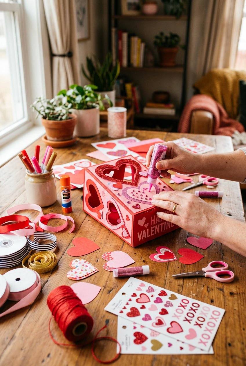 Hands decorating a Valentine box with craft supplies like paper hearts, scissors, and ribbons on a wooden table.