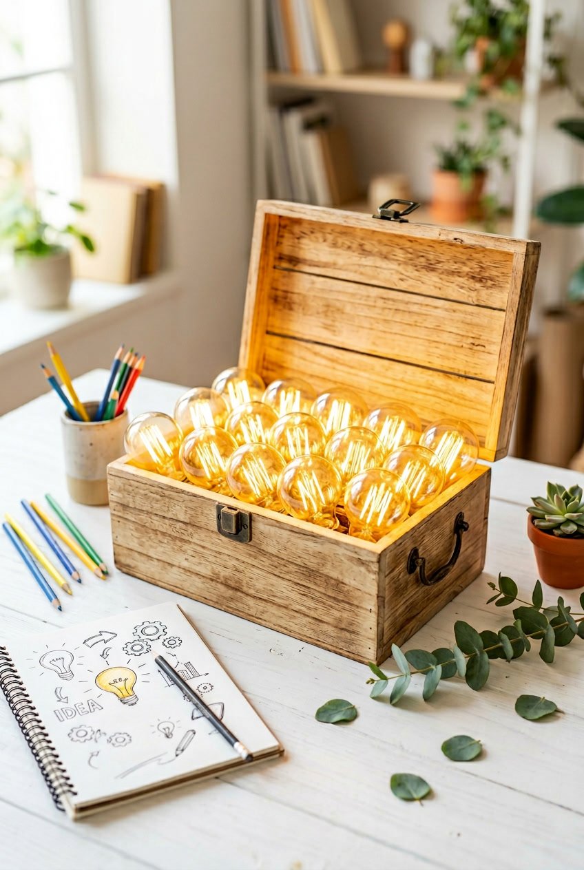 An open wooden box filled with glowing light bulbs on a white surface surrounded by colored pencils and a notepad.