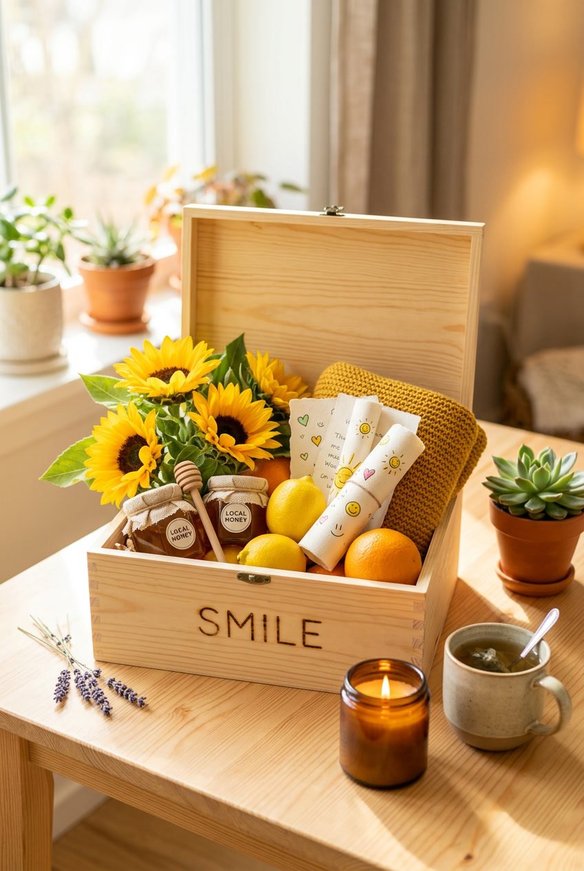 An open wooden box filled with sunflowers, citrus fruits, honey jars, a yellow blanket, and cozy items on a table with sunlight.