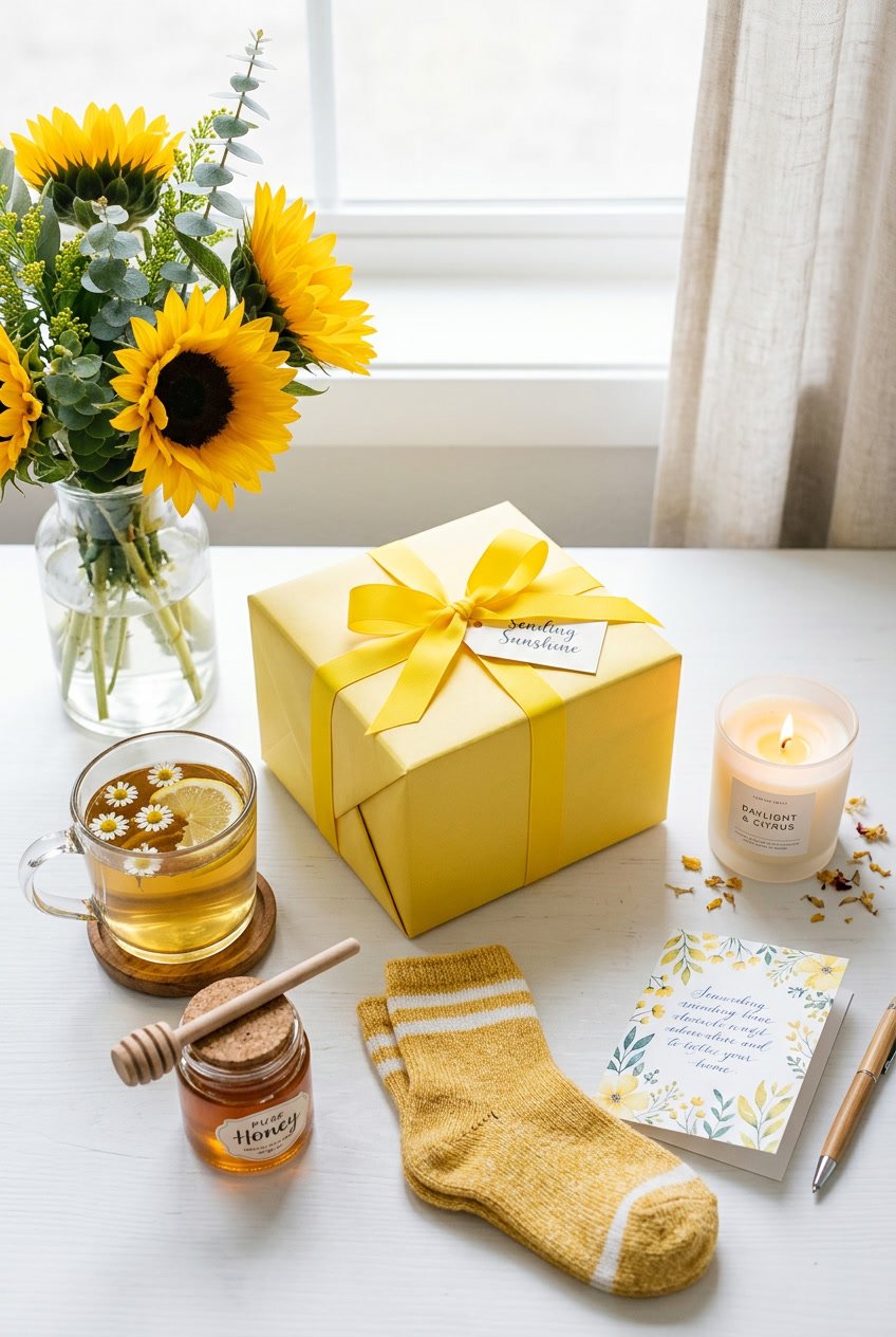 A neatly arranged yellow gift box surrounded by sunflowers, a cup of tea, a honey jar, a candle, cozy socks, and a floral note card on a white surface.
