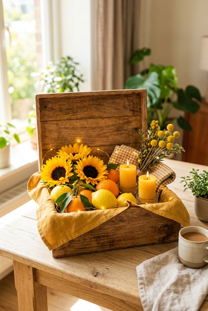 An open wooden box filled with sunflowers, glowing lights, yellow candles, and citrus fruits on a wooden table with sunlight and a blurred green background.