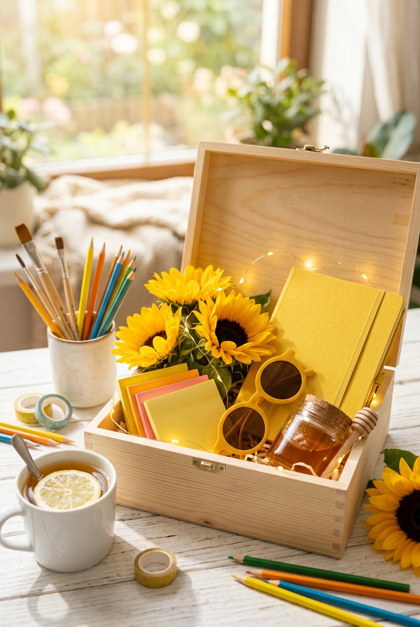 An open box filled with bright yellow and orange items like sunflowers, fairy lights, and creative supplies on a white wooden surface.