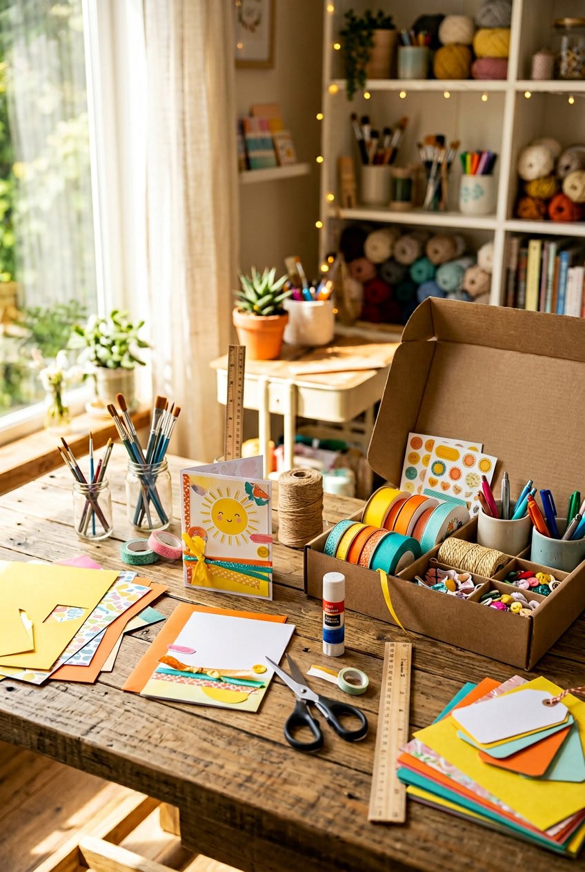 A sunlit wooden desk with colorful craft supplies and a partially completed cheerful paper craft project.