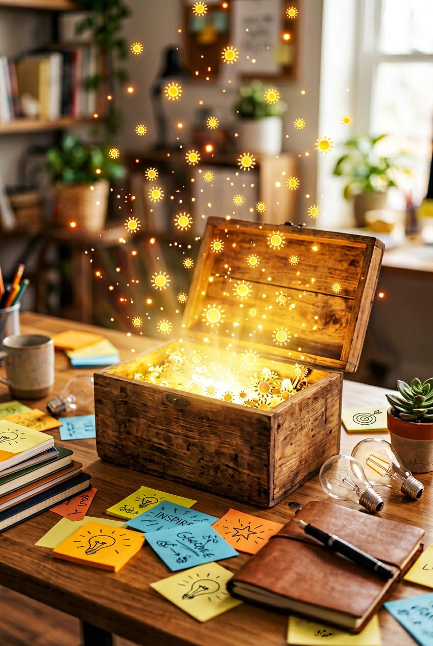 An open wooden box emitting warm glowing light with small sun shapes floating out, surrounded by creative workspace items like sticky notes and a notebook.