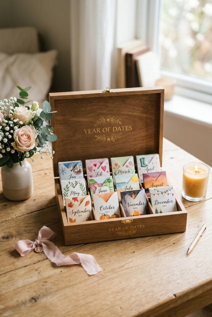 An open decorative box on a wooden table containing twelve colorful envelopes arranged neatly, surrounded by flowers and a candle.