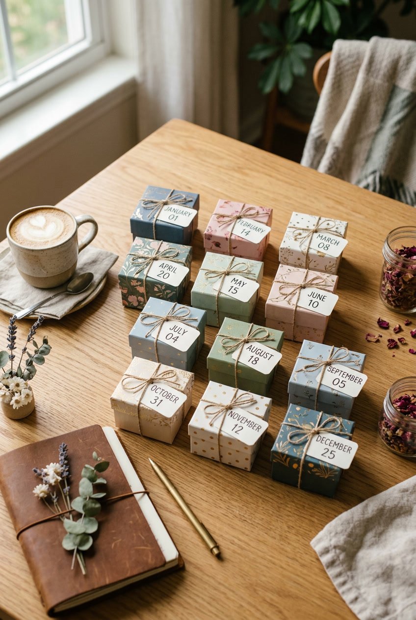 A collection of small colorful boxes arranged on a wooden table with decorative items like dried flowers, a coffee cup, and a notebook.