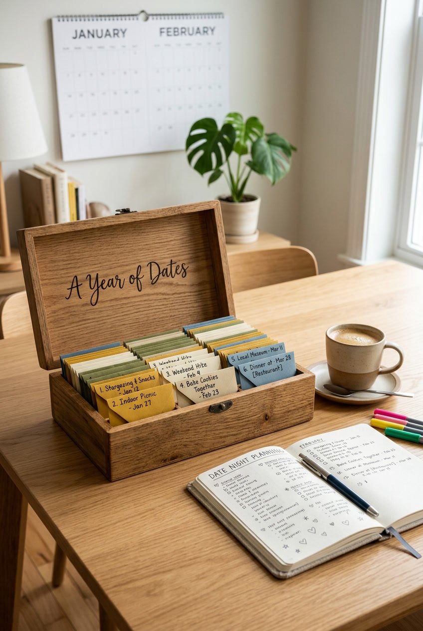 An open wooden box filled with envelopes containing date ideas, placed on a table with a notebook, pens, a calendar, and a cup of coffee nearby.