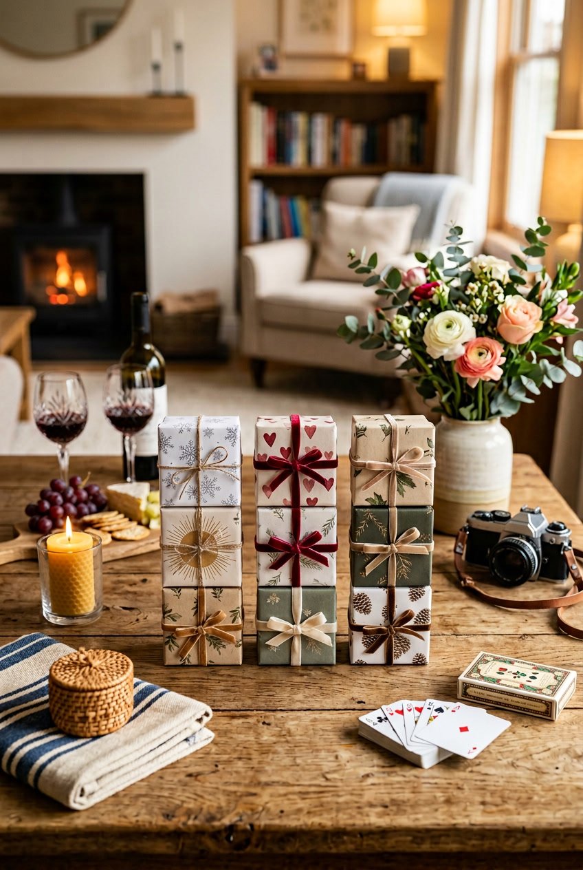 A wooden table with twelve decorated gift boxes arranged neatly, surrounded by items like candles, wine glasses, and flowers, suggesting different monthly date ideas.