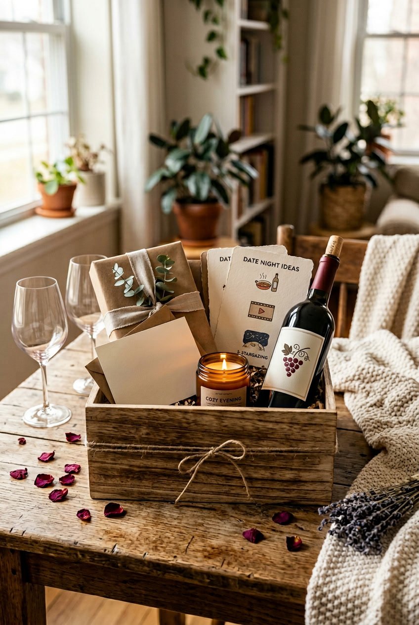 A date night box with gifts, a candle, wine, and date idea cards arranged on a wooden table with soft natural light.
