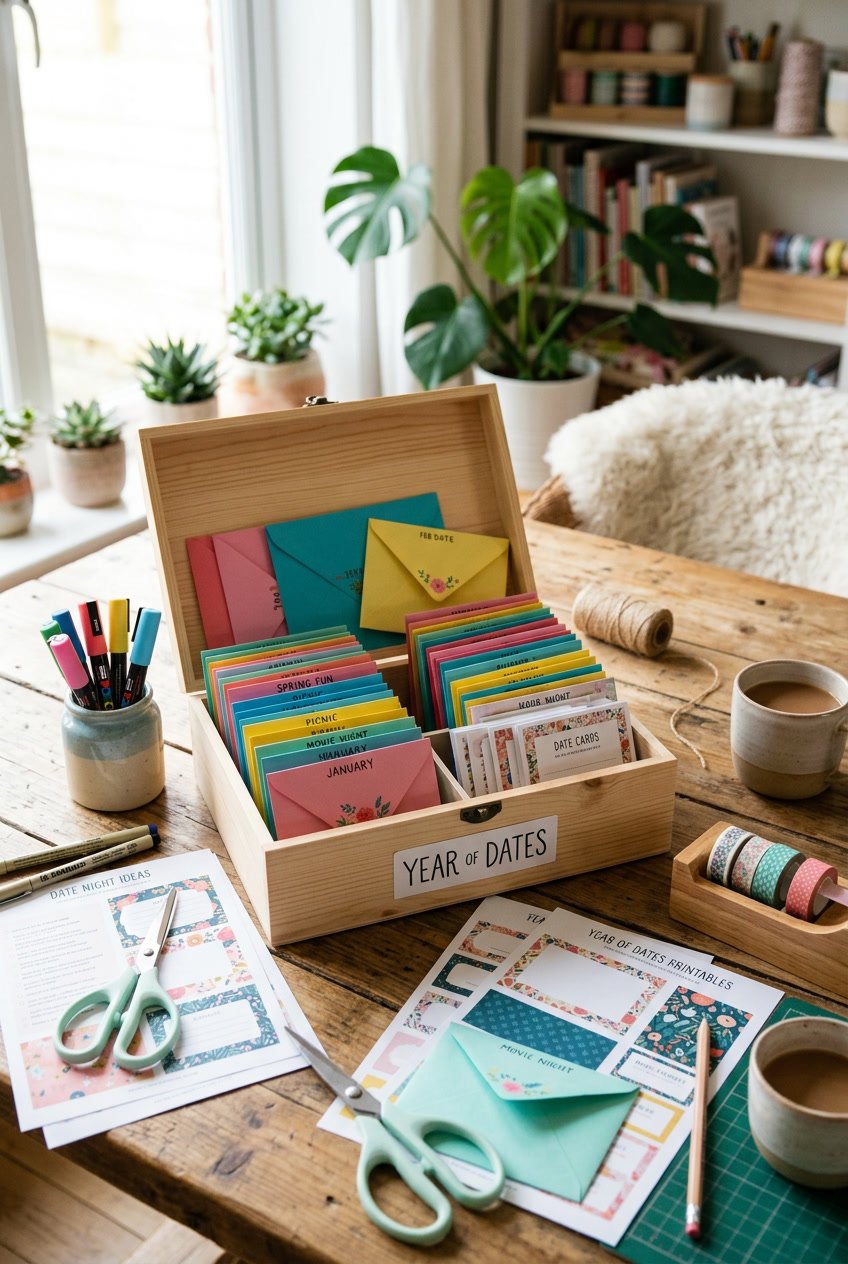 A neatly arranged box filled with colorful envelopes and printed cards on a wooden table surrounded by crafting supplies and printable sheets.