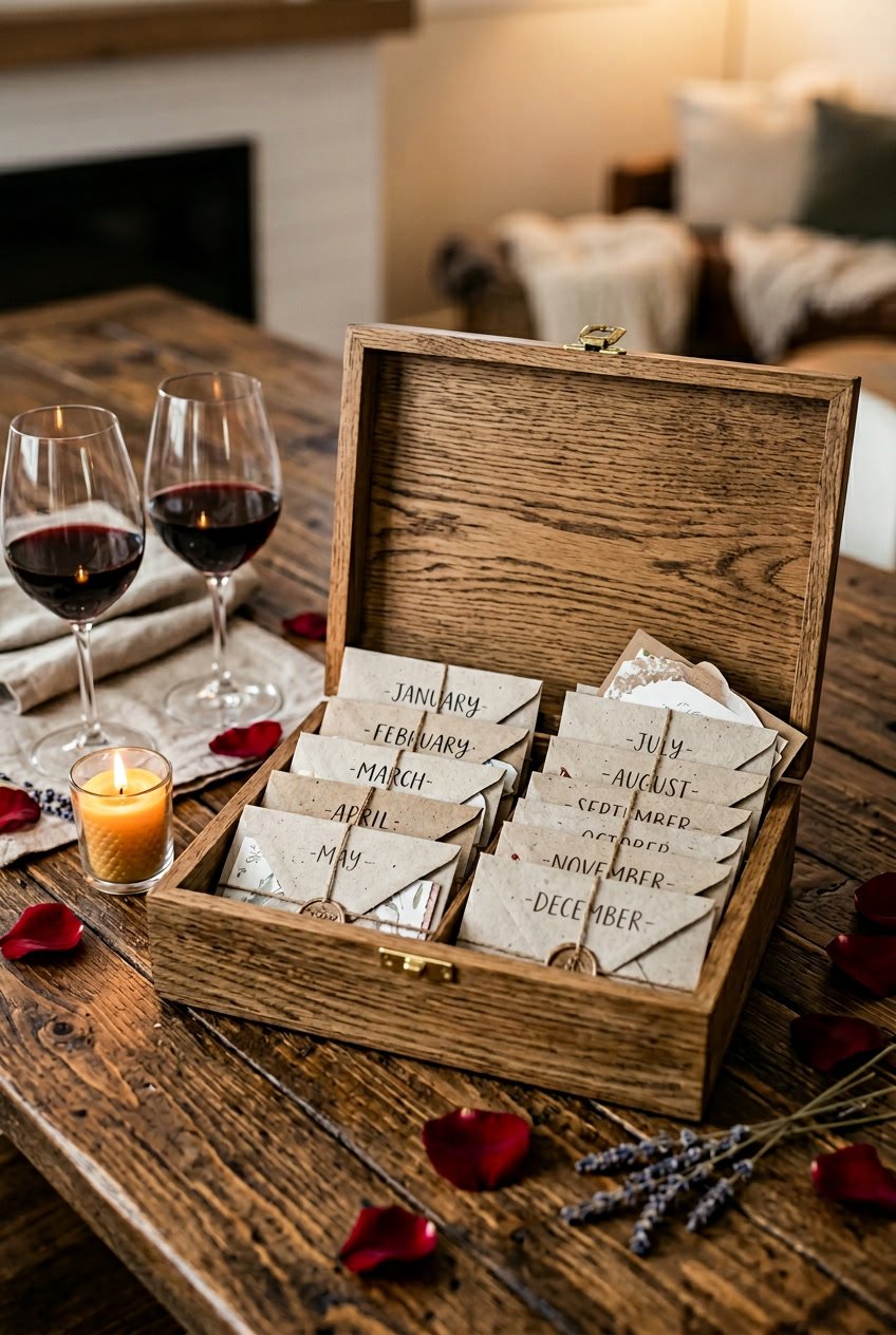 An open wooden box on a table containing twelve small envelopes representing monthly date ideas, surrounded by candlelight, wine glasses, and rose petals.