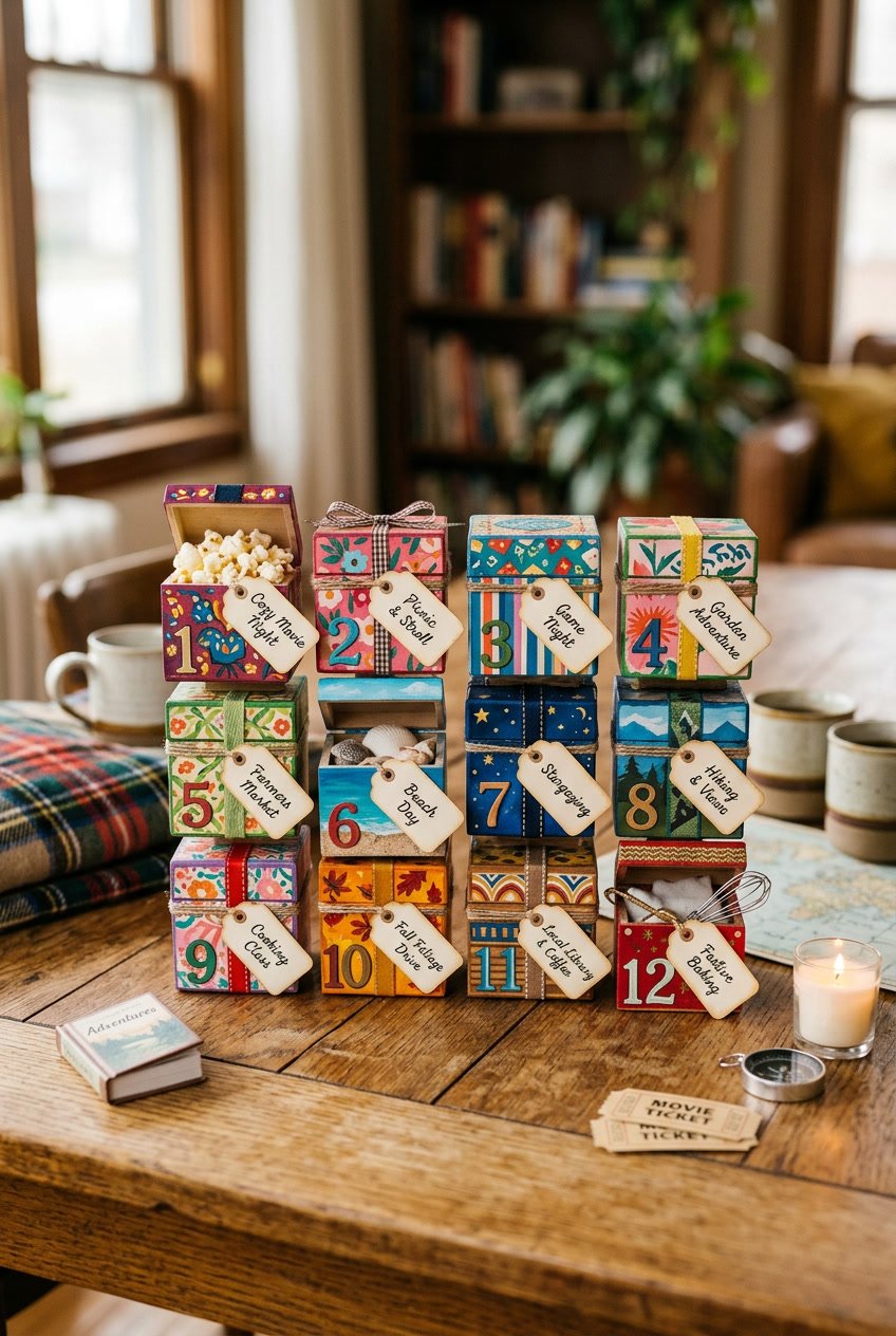 Twelve colorful small boxes arranged on a wooden table with various date related items around them.