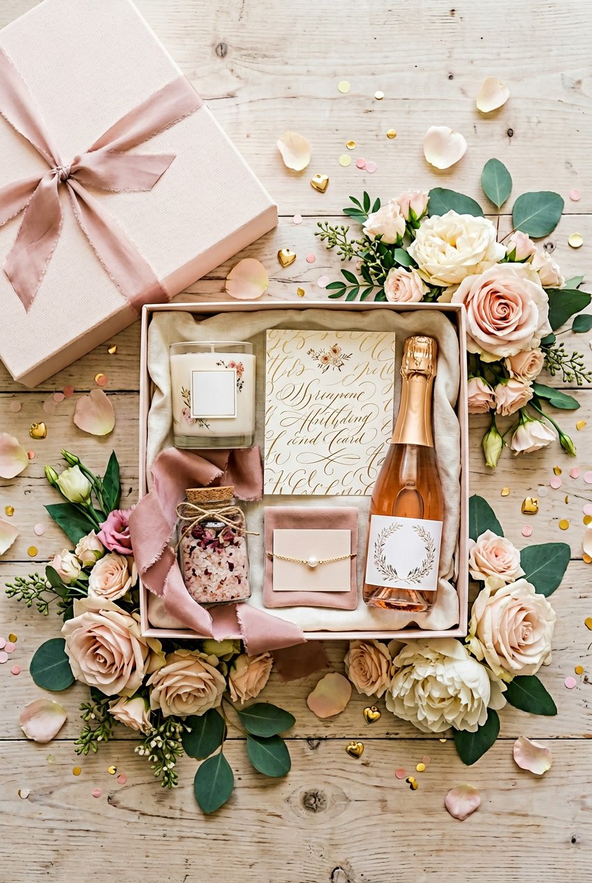 An open bridesmaid proposal box with gifts including a candle, champagne bottle, jewelry, and flowers arranged on a wooden surface.