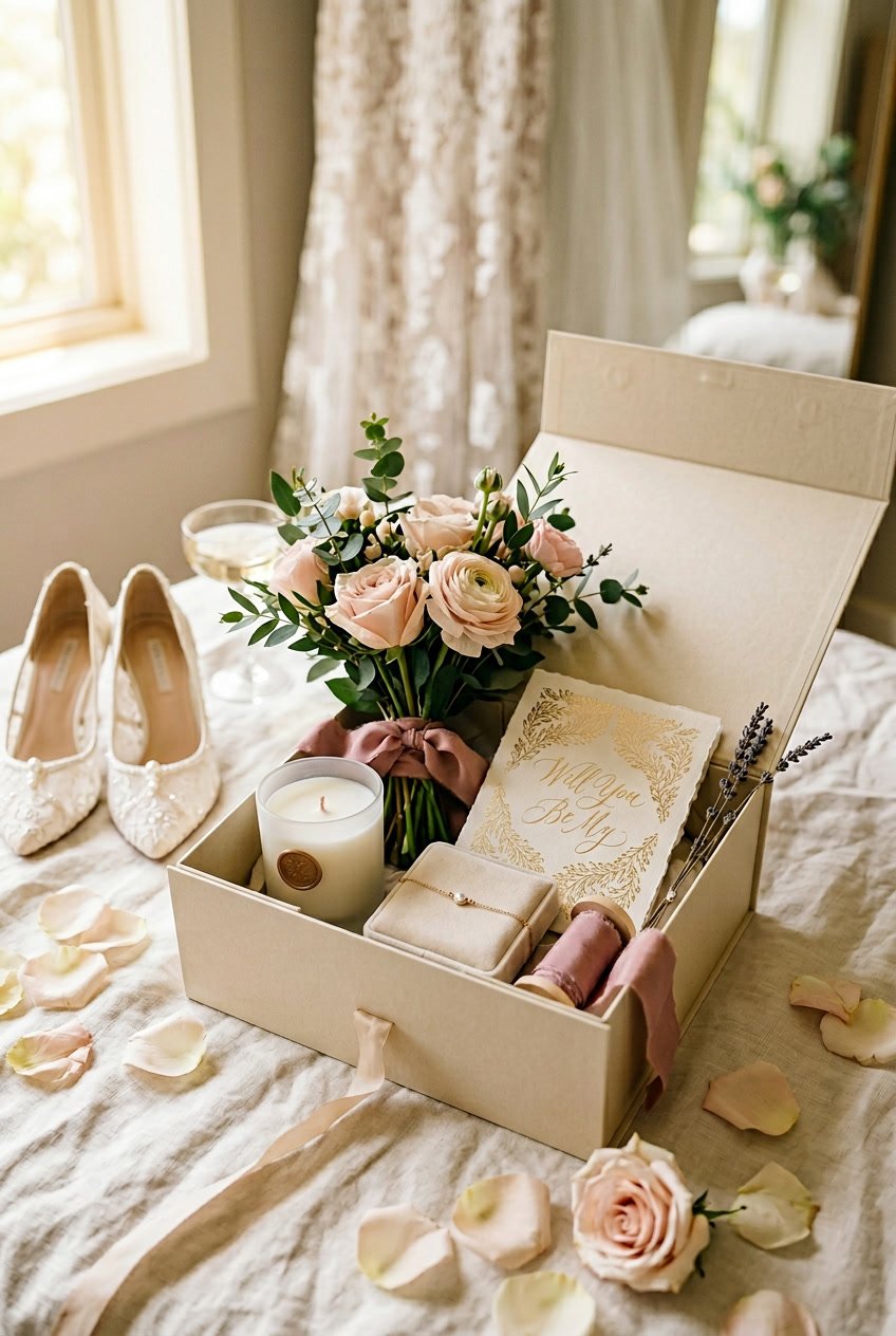 An open gift box filled with bridal themed items including flowers, a candle, a note card, and jewelry, surrounded by rose petals and bridal shoes.