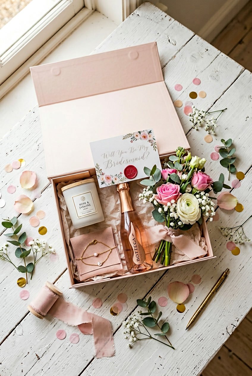 An open bridesmaid proposal box with a candle, sparkling rosé, flowers, jewelry, and decorative ribbons arranged on a white wooden surface.