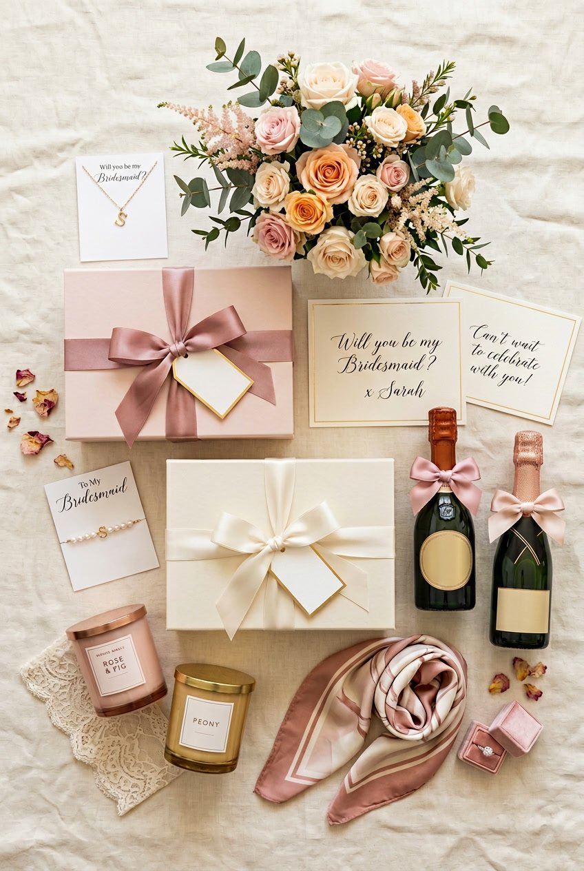 Flat lay of essential bridesmaid proposal box items including gift boxes, flowers, jewelry, candles, handwritten notes, and champagne bottles arranged on a neutral background.
