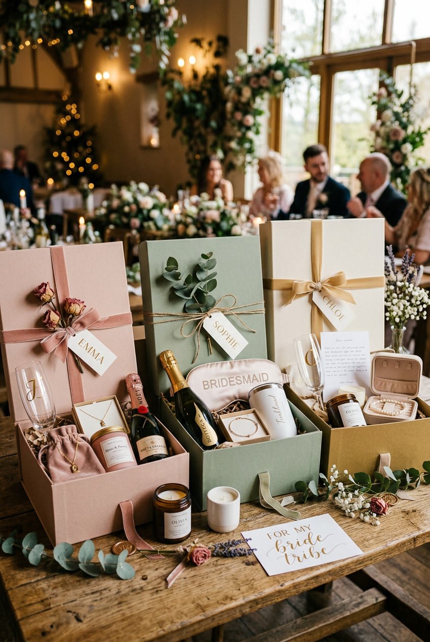 A collection of decorated bridesmaid gift boxes with ribbons, flowers, candles, and small gifts arranged on a wooden table.