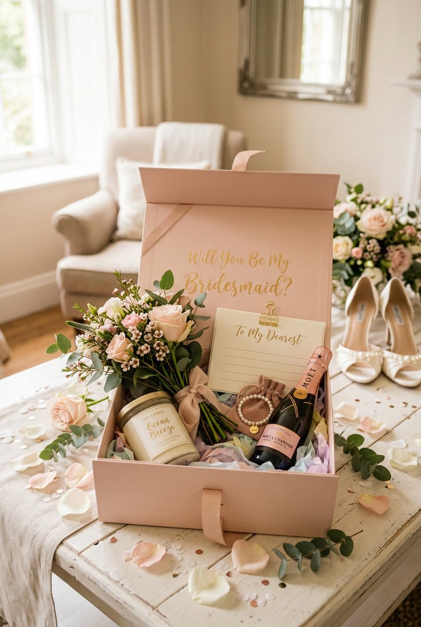 An open bridesmaid proposal box on a white table containing flowers, a candle, a note card, and a small bottle, surrounded by rose petals.