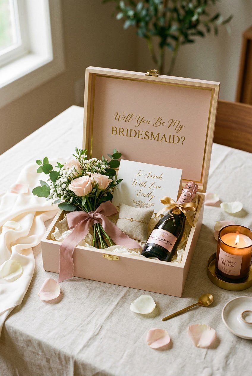 An open gift box with flowers, a note card, jewelry, and a small bottle of champagne arranged with rose petals and a candle.