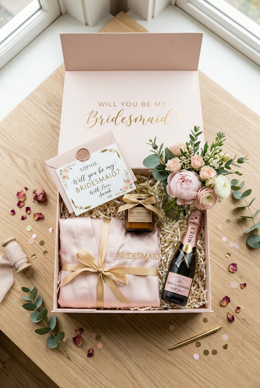 An open bridesmaid proposal box with a silk robe, candle, note card, champagne bottle, and pastel flowers arranged on a wooden surface.