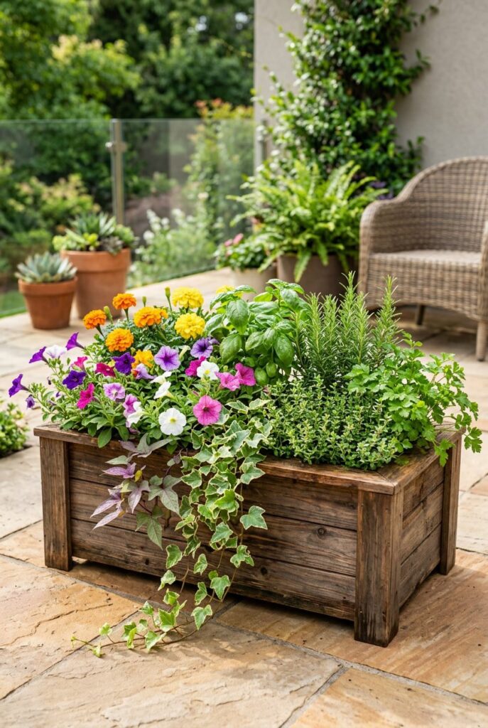 A wooden planter box on a patio filled with colorful flowers and fresh herbs.