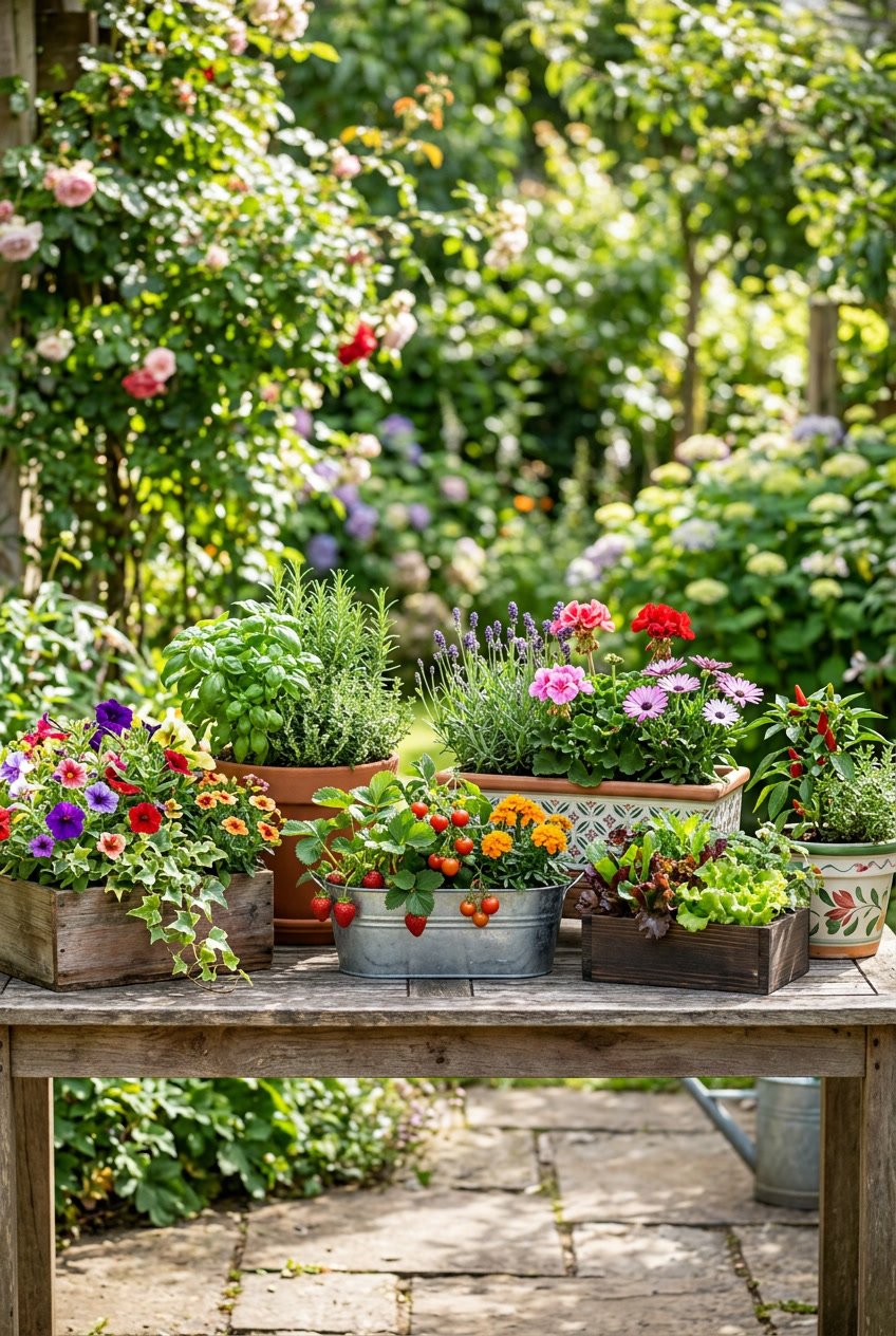 A variety of planter boxes filled with colorful flowers, herbs, and vegetables arranged on a wooden table outdoors.