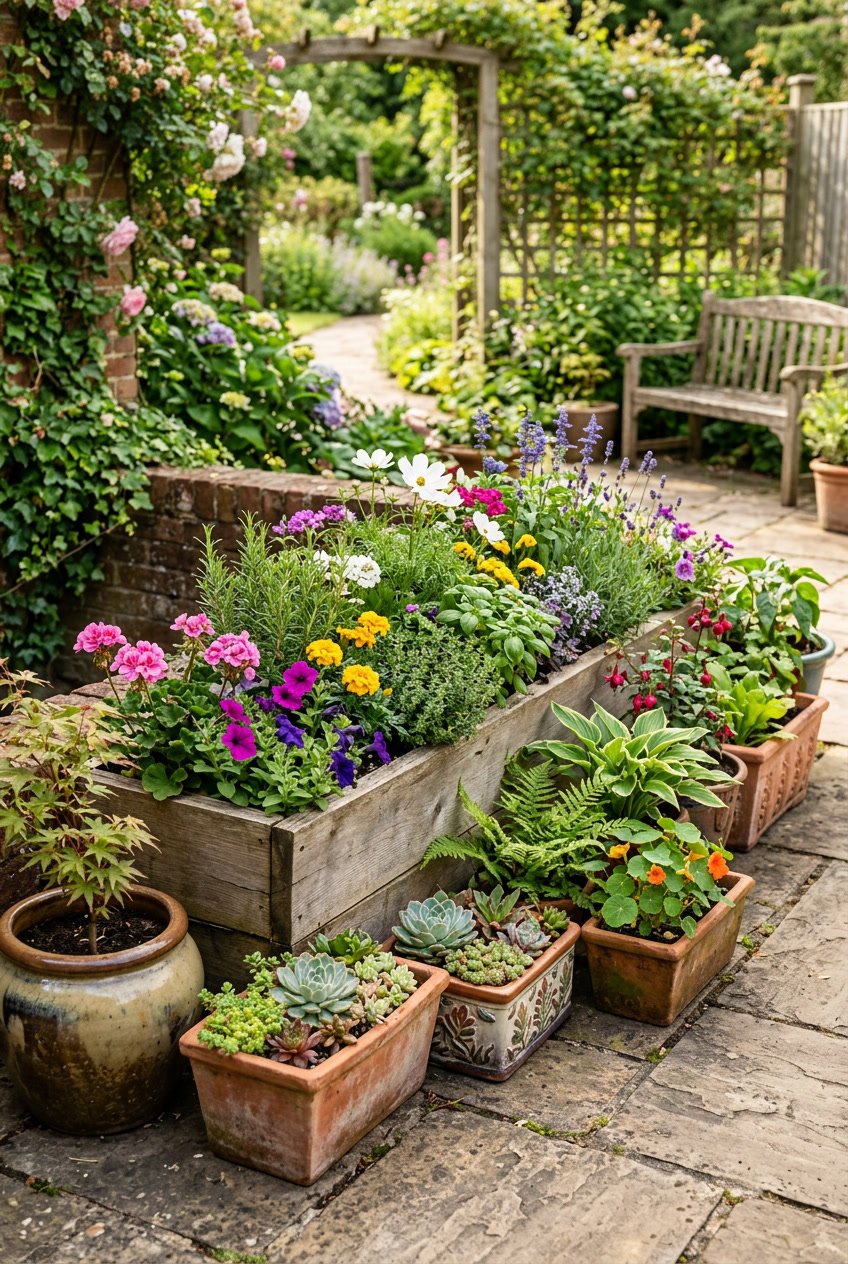 A variety of planter boxes filled with colorful flowers, herbs, and small shrubs arranged outdoors on a patio.