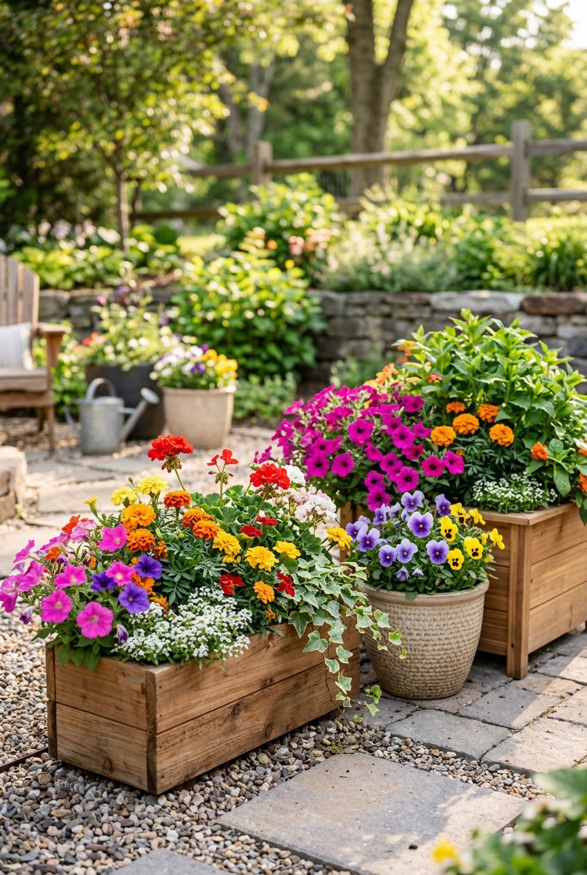 Colorful flowering plants arranged in planter boxes outdoors with green leaves and bright blooms.