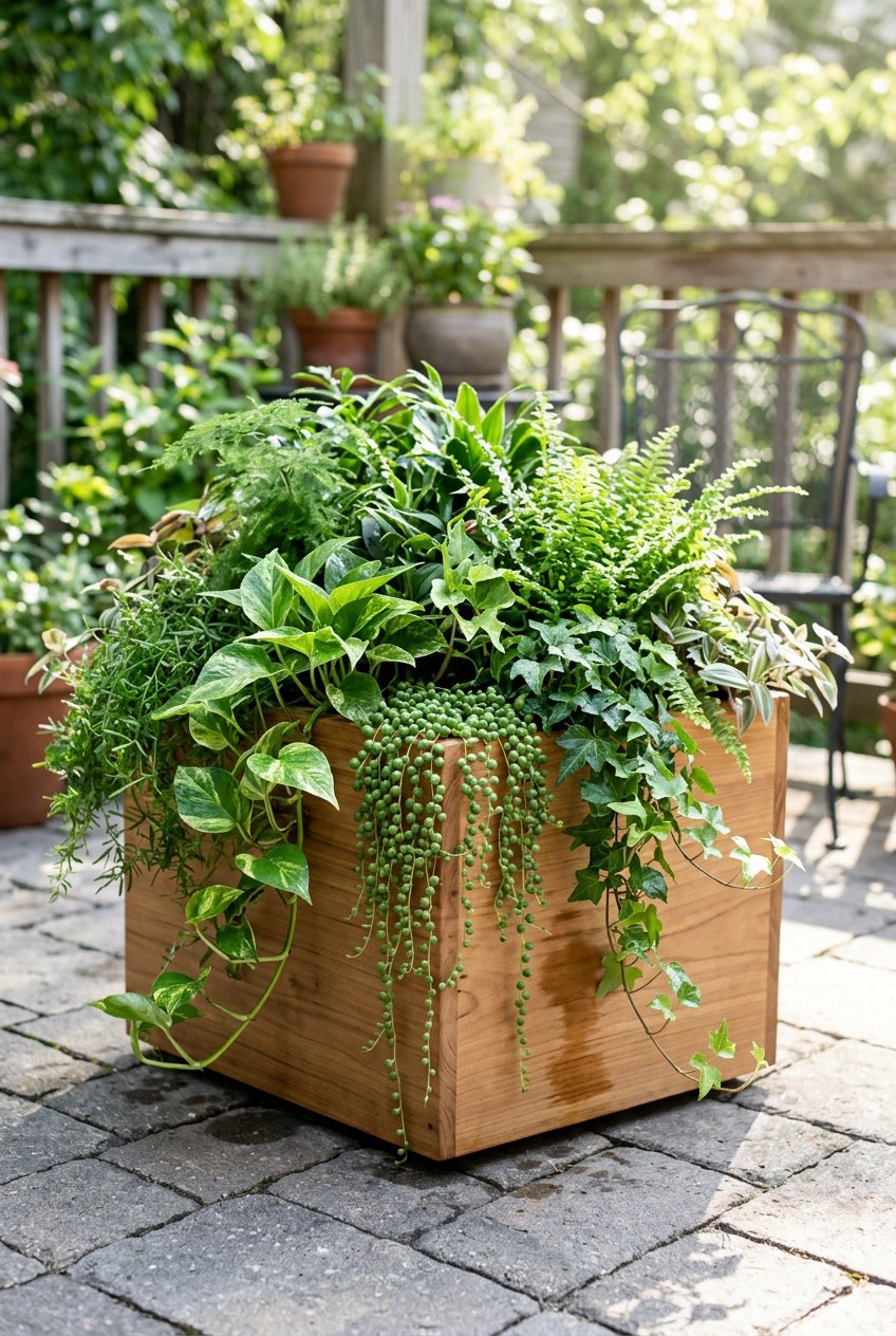 A planter box filled with various green foliage and trailing plants placed outdoors on a patio.