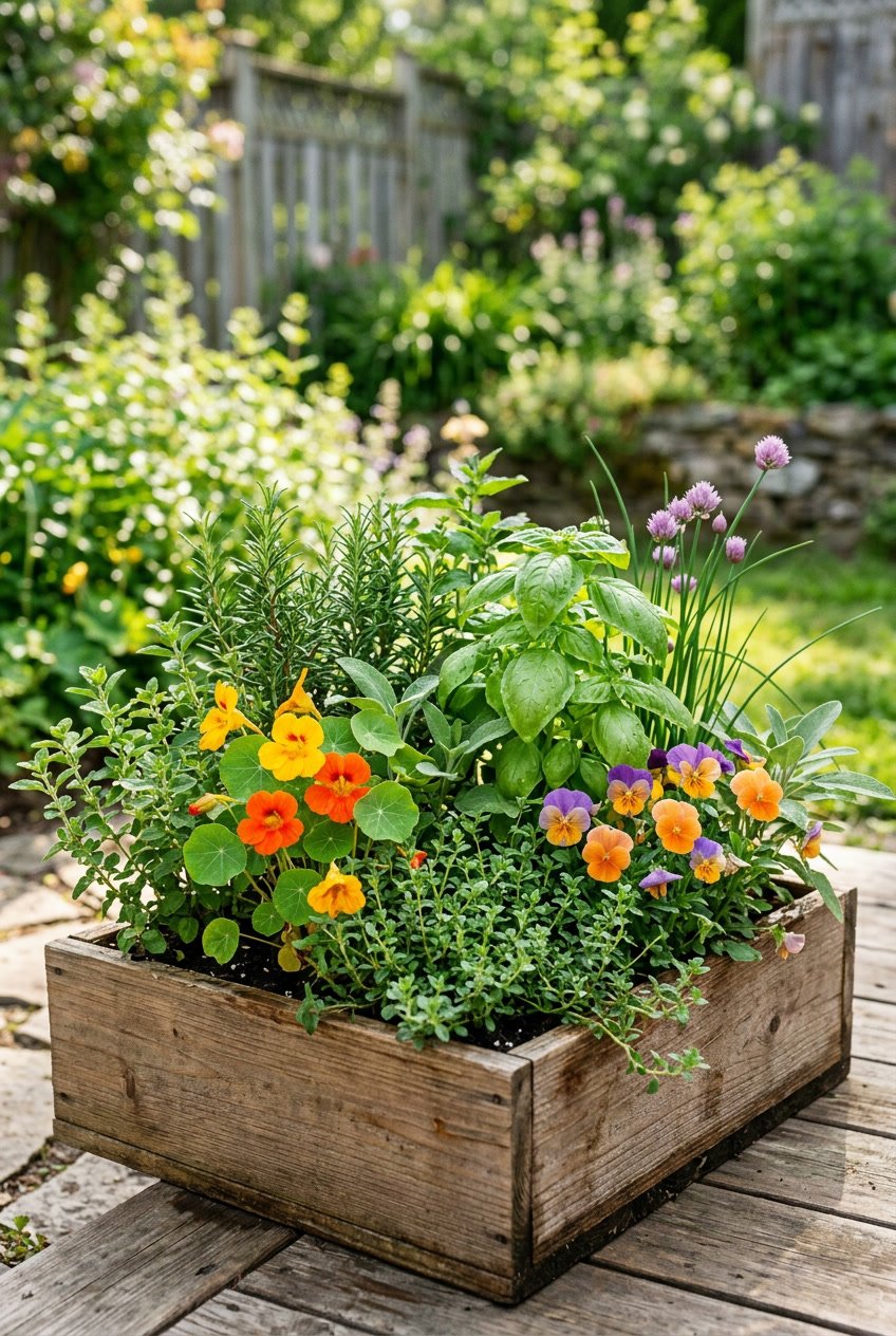 A wooden planter box outdoors filled with healthy green herbs and colorful edible flowers.