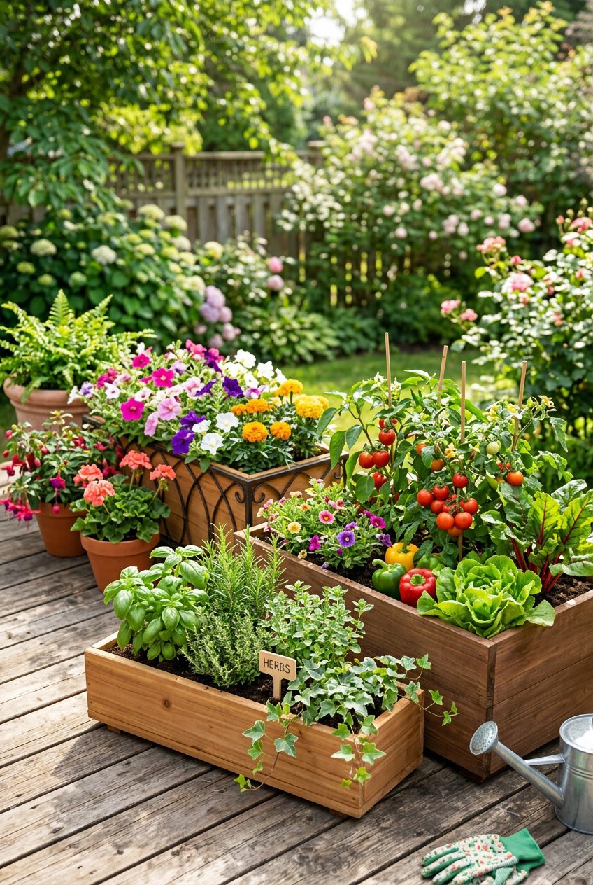 A collection of planter boxes filled with flowers, herbs, and small vegetables arranged outdoors on a wooden surface.