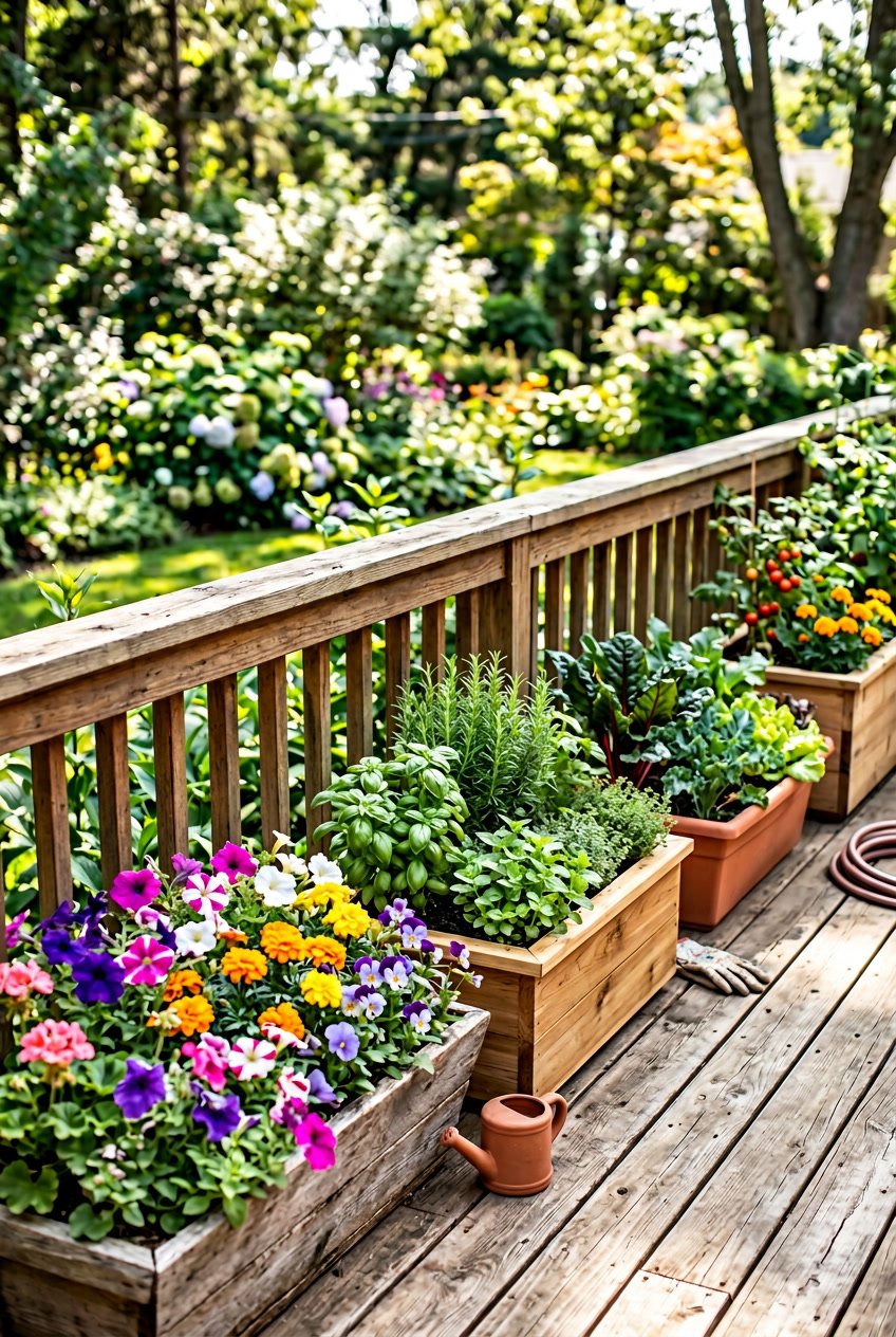 Several planter boxes filled with colorful flowers, leafy greens, and herbs arranged outdoors on a wooden deck.
