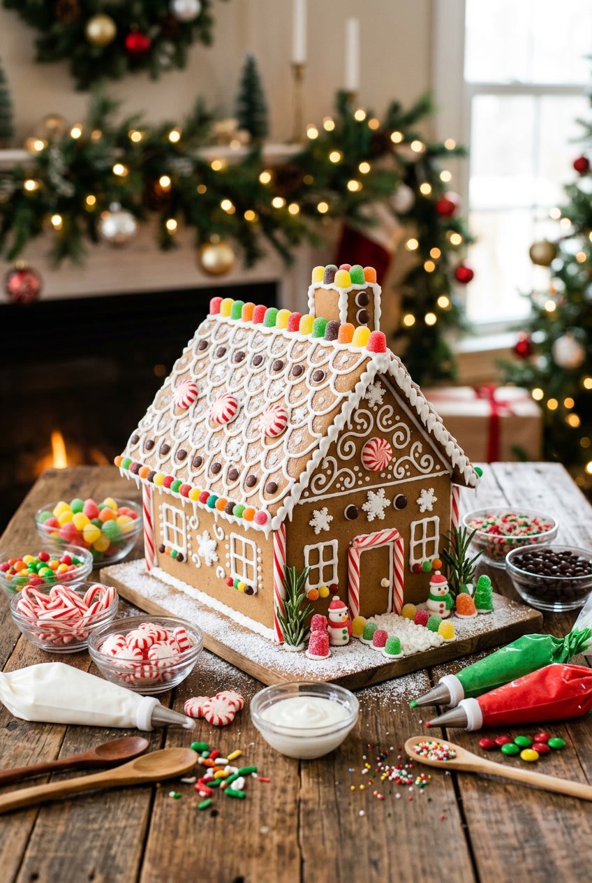 A decorated gingerbread house surrounded by candy decorations and icing supplies on a wooden table with holiday decorations in the background.
