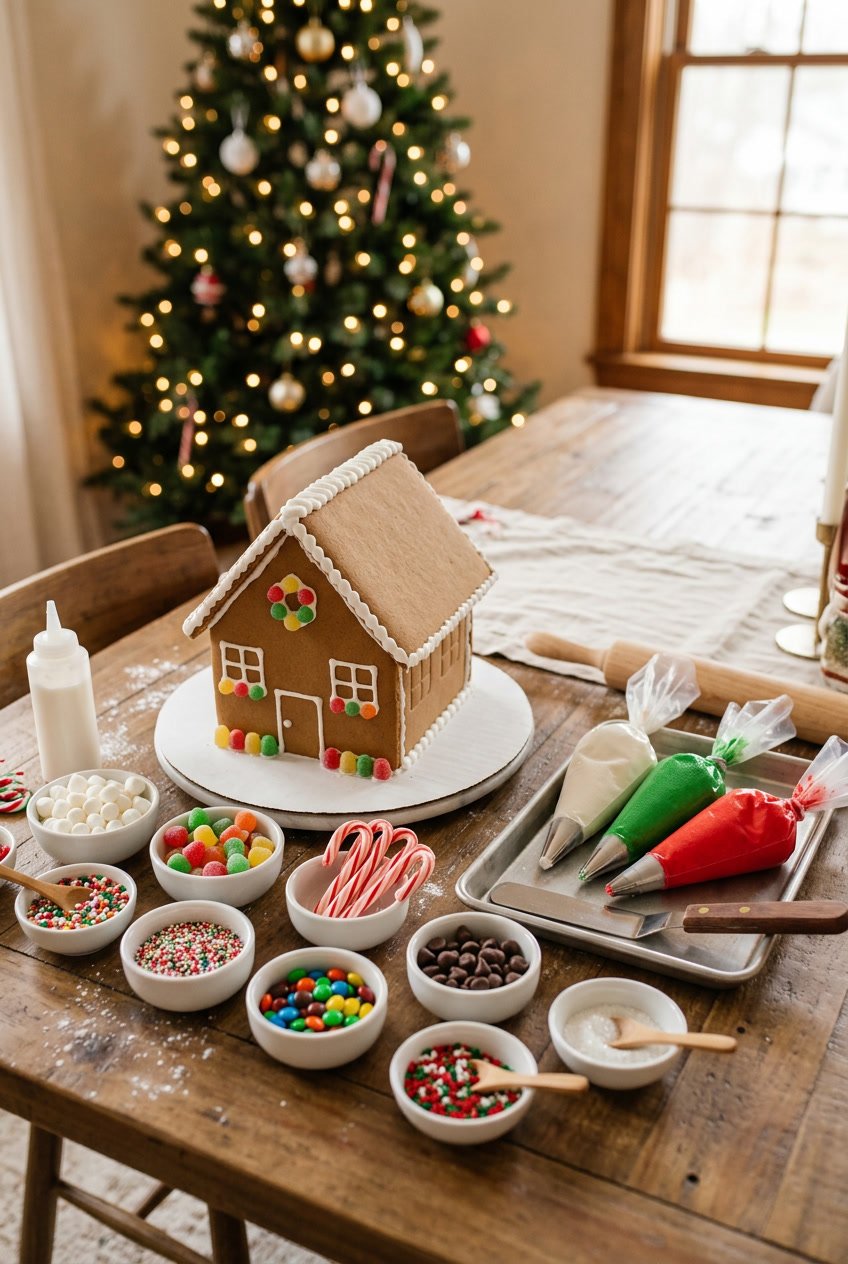 A table with tools and ingredients for decorating a gingerbread house, including icing bags, candy decorations, and gingerbread pieces.
