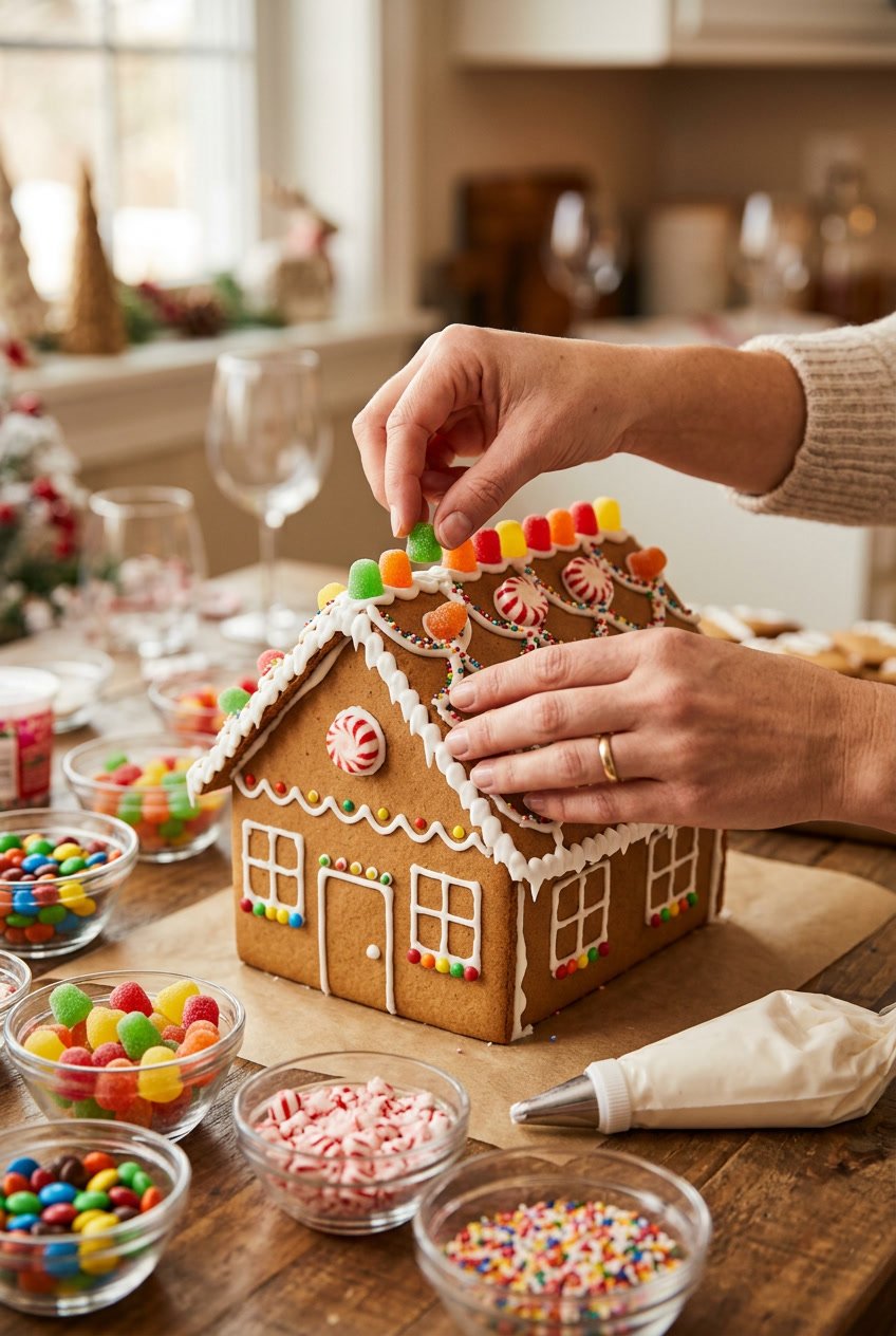 Hands decorating a partially assembled gingerbread house with colorful candies and icing on a table with decorating supplies.